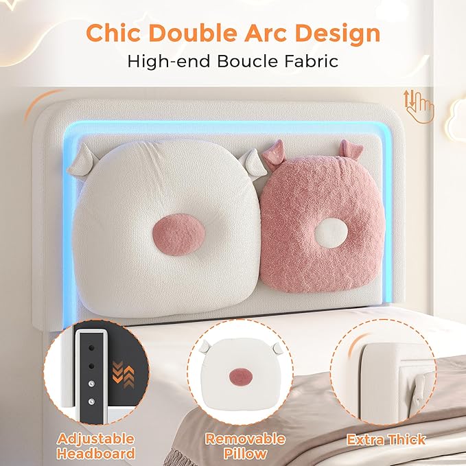 Twin Size Upholstered Bed Frame with LED Lights, Girls Bed with Adjustable Chic Double Headboard, Boucle Princess Platform Bed for Kids/Girls, Solid Wood Slats Support, No Box Spring Needed, Beige