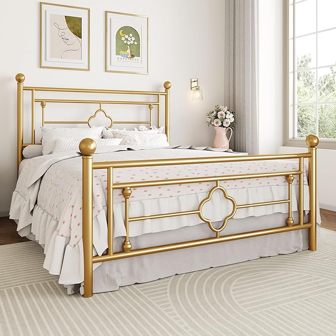 SHA CERLIN 14 Inches Queen Size Metal Platform Bed Frame/Vintage Iron-Art Headboard and Footboard/Mattress Foundation for Storage/No Box Spring Needed/Noise-Free/Easy Assembly/Gold