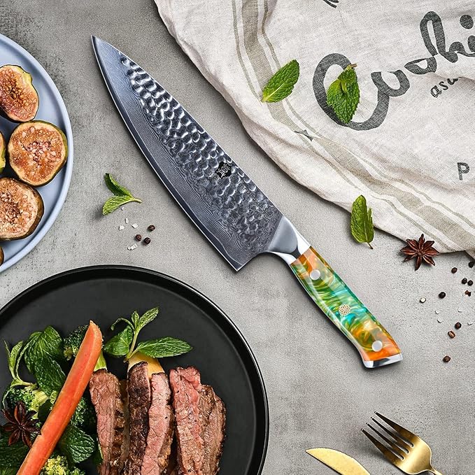 WILDMOK Chef Knife,8 inch Damascus Japanese kitchen knives,VG10 Steel&Resin Handle Chef Knife,Hammered Finish chef's knives,Japanese damascus knife Including Gift Box