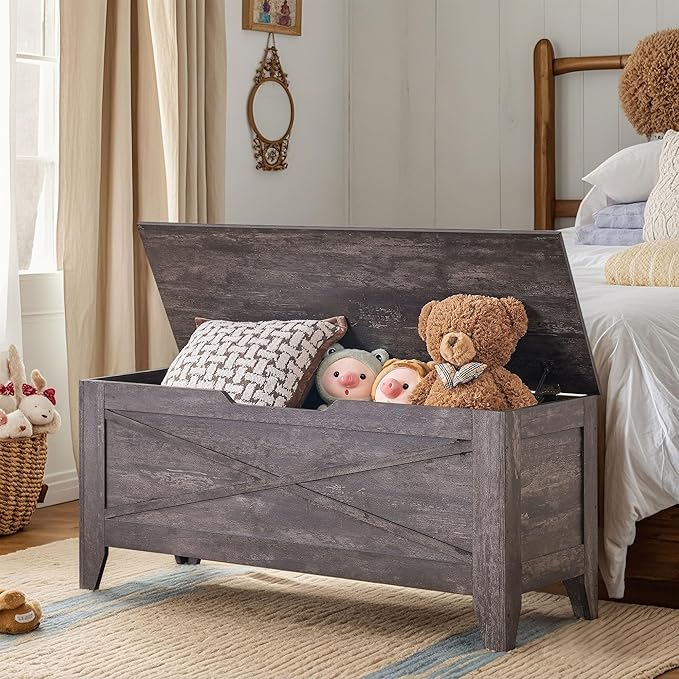 VECELO 43.3" Farmhouse Style Storage Bench, Entryway Shoe Ottoman, with Handwoven Cushion, with Metal Safety Hinges, for Bedroom, Living Room, Entryway, Grey