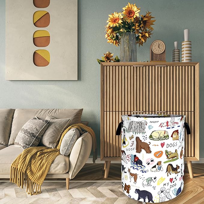 Cute Dogs Laundry Basket Foldable Oxford Cloth Colorful Animals Dog Laundry Hamper With Handle Portable Clothes Storage Basket 18.9 X 16.5 Inch Storage Bag For Laundry Room/Bathroom/Bedroom