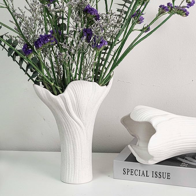 White Ceramic Vase Set of 2, Tree Bark Texture Antler Design, Handmade Nature-Inspired Flower Vases for Centerpiece, Home Office Wedding Decor, Gift Ready with Shockproof Box