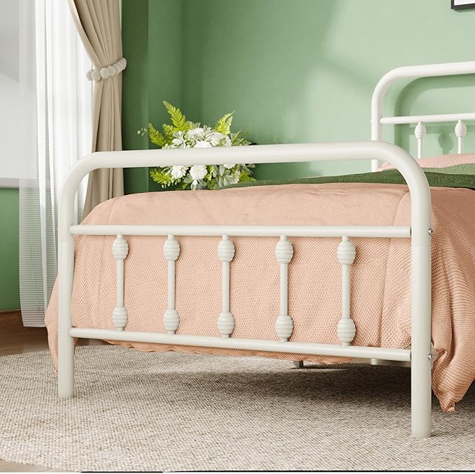 Allewie 14 Inches Twin Size Metal Platform Bed Frame with Victorian Style Iron-Art Headboard/Footboard, Mattress Foundation, Easy Assembly, Under Bed Storage, No Box Spring Required, White