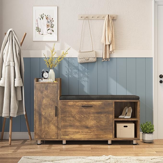 Maupvit Shoe Storage Bench with Flip Drawer Shoe Cabinet, 8 Height Adjustable Metal Feet, Entryway Bench with Removable Seat Cushion, Shoe Bench Rack for Entryway, Rustic Brown