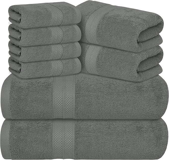 Avalon Towels Luxury 8 Piece Towels Set, 2 Bath Towels, 2 Hand Towels and 4 Washcloths, 600 GSM 100% Ring Spun Cotton Highly Absorbent Bathroom Towel Set, Ideal for Hotel, Spa and Gym (Grey)