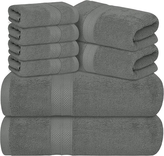 Avalon Towels Luxury 8 Piece Towels Set, 2 Bath Towels, 2 Hand Towels and 4 Washcloths, 600 GSM 100% Ring Spun Cotton Highly Absorbent Bathroom Towel Set, Ideal for Hotel, Spa and Gym (Grey)
