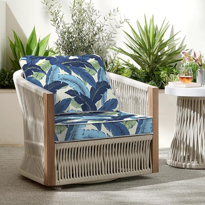 Outdoor Deep Seat Cushions Set 24 x 24 Inch for Patio Furniture,Water Resistant Chair Cushions Replacement Includes Seat Cushion & Back Pillow for Couch Sofa, Wicker Chair - Swaying Palms Blue