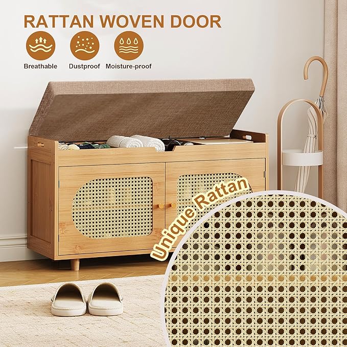 Rattan Shoe Storage Bench,Bamboo Entryway Bench, 2-Tier Shoe Rack,35.4" W x 12.6" D x 19.7" H with 2 Doors & Padded Seat Cushion for Entryway, Living Room, Bedroom, Natural