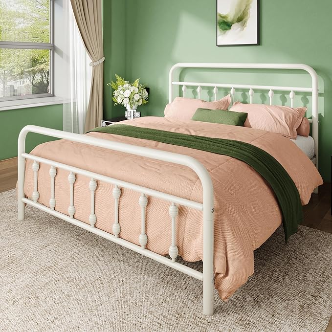 Allewie 14 Inches Queen Size Metal Platform Bed Frame with Victorian Style Iron-Art Headboard/Footboard, Mattress Foundation, Easy Assembly, Under Bed Storage, No Box Spring Required, White