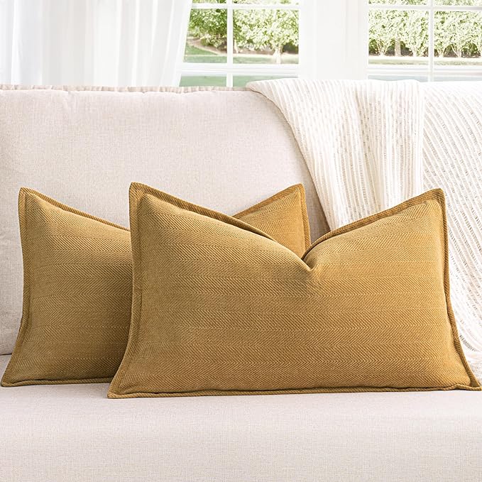 ZWJD Mustard Yellow Throw Pillow Covers 12x20 Set of 2 Chenille Pillow Covers with Elegant Design Soft and Luxurious Decorative Throw Pillows for Couch, Bed, and Home Decor