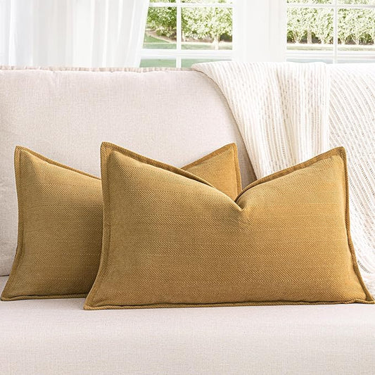 ZWJD Mustard Yellow Throw Pillow Covers 12x20 Set of 2 Chenille Pillow Covers with Elegant Design Soft and Luxurious Decorative Throw Pillows for Couch, Bed, and Home Decor