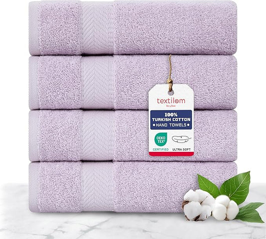 TEXTILOM 100% Turkish Cotton 4 Pcs Hand Towel Set, Luxury Hand Towels for Bathroom, Soft & Absorbent Bathroom Hand Towels Set (16 x 28 inches)- Lilac