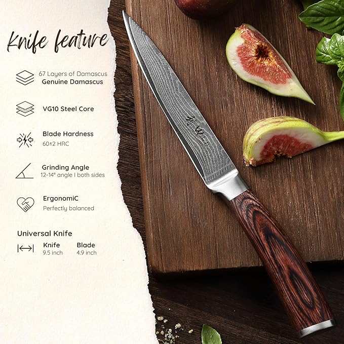 Wakoli EDIB Damascus Utility Knife 4.7-inch - 67-Layer VG10 Core Steel, Razor Sharp Blade with Pakkawood Handle for Kitchen & Everyday Use - Gift Box