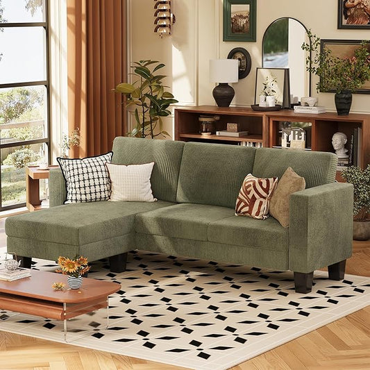 VICTONE Convertible Sectional Sofa Couch, 3 Seat L-Shaped Sofa with Linen Fabric Ottoman Small Couch for Small Apartments, Living Room and Office (Corduroy, Green)