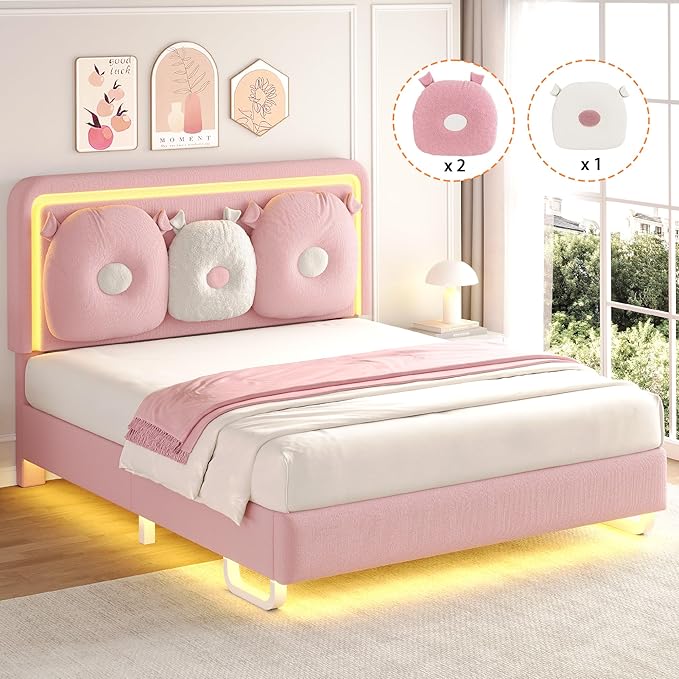 Queen Size Upholstered Bed Frame with LED Lights, Girls Bed with Adjustable Chic Double Headboard, Boucle Princess Platform Bed for Girls, Solid Wood Slats Support, No Box Spring Needed, Pink