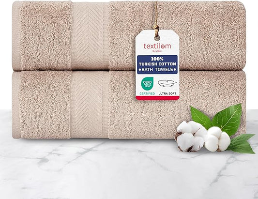 TEXTILOM 100% Turkish Cotton 2 Pcs Bath Towel Set, Luxury Bath Towels for Bathroom, Soft & Absorbent Hotel Quality Bathroom Towels Set (27 x 54 inches)- Beige