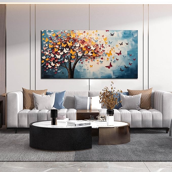 Butterfly Tree Canvas Wall Art for Living Room Bedroom Home Office Blue Colorful Tree of Life Wall Art Modern Large Framed Canvas Prints Size 29x59