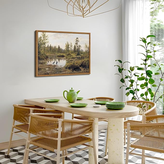 Floating Framed Canvas Wall Art Vintage Decor - Tranquil Marsh Landscape Wall Decor, Countryside Farmhouse Scenery Paintings Prints for Living Room Bedroom Office Decoration 12x16 inch