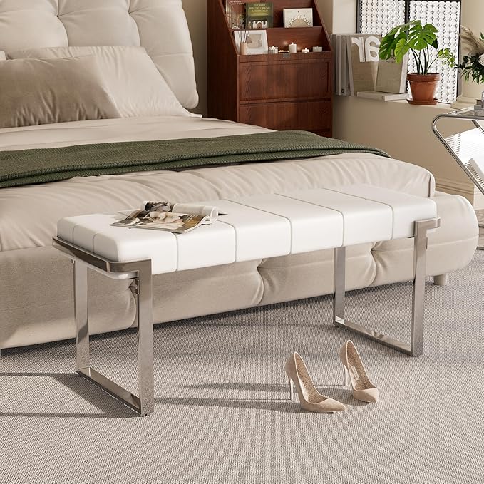 Upholstered Dining Bench, 44.29 Inch Leather Upholstered Bedroom Benches, Entryway Bench for Living Room Kitchen Dining Room(White&Silver)