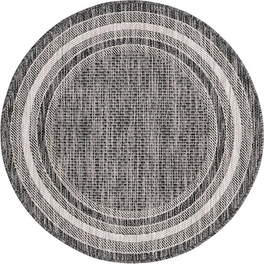Unique Loom Outdoor Border Collection Area Rug - Soft Border (3' 1" Round, Black/ Ivory)