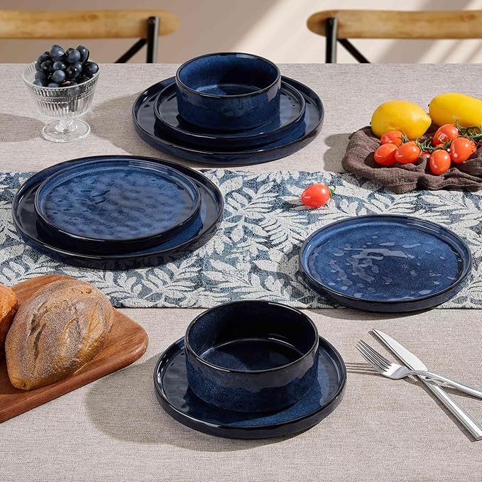 Herogo 24 Pieces Dinnerware Sets for 8, Plates and Bowls Sets for Home Serving, Stoneware Dinning Dishes, Dishwasher & Microwave Safe, Starry Blue