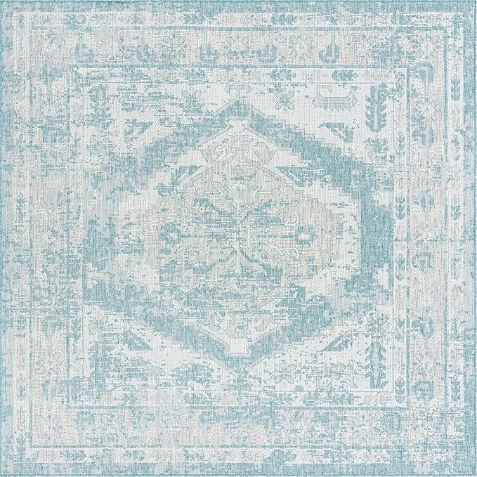 Unique Loom Outdoor Traditional Collection Area Rug - Valeria (7' 10" Square, Aqua/ Ivory)