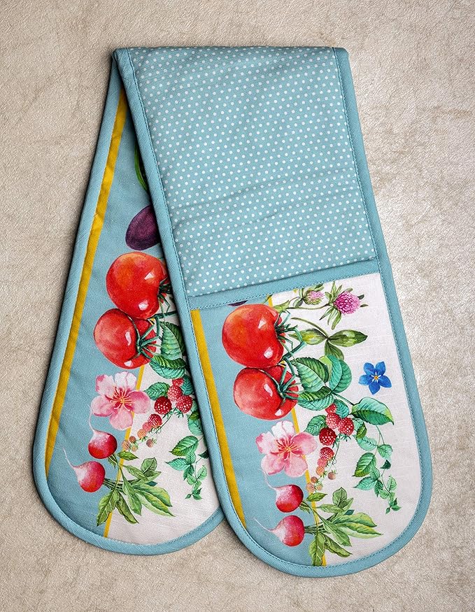 Maison d' Hermine Double Oven Mitts 100% Cotton 7"x35" Double Oven Mitt Heat Resistant BBQ Cooking Gloves with Loop, Baking, Grilling, Home, Kitchen, Handling Hot Pans Spring Summer (Giverny)