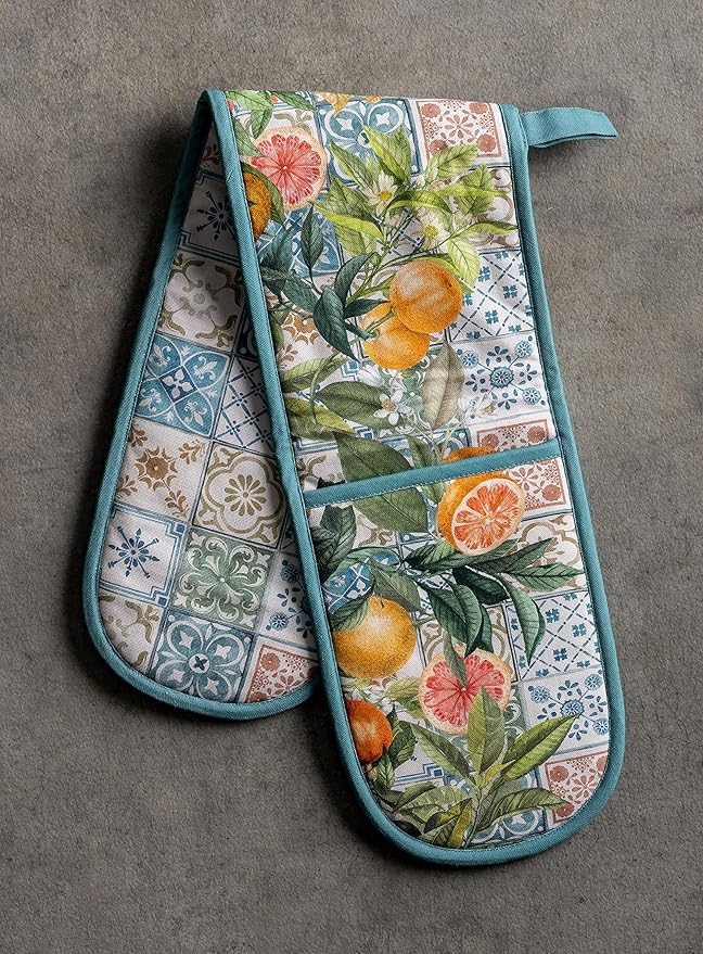 Maison d' Hermine Double Oven Mitts 100% Cotton 7"x35" Double Oven Mitt Heat Resistant BBQ Cooking Gloves with Loop, Baking, Grilling, Home, Kitchen, Handling Hot Pans Spring Summer (Agrume)