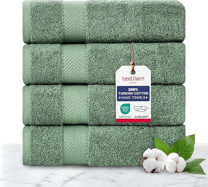 TEXTILOM 100% Turkish Cotton 4 Pcs Hand Towel Set, Luxury Hand Towels for Bathroom, Soft & Absorbent Bathroom Hand Towels Set (16 x 28 inches)- Green