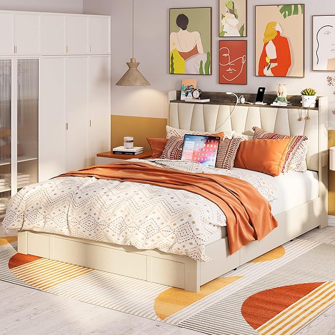 ANCTOR Full Size Bed Frame with 3 Drawers, Upholstered Platform Bed with Storage Headboard and Charging Station, No Box Spring Needed, Easy Assembly, Beige