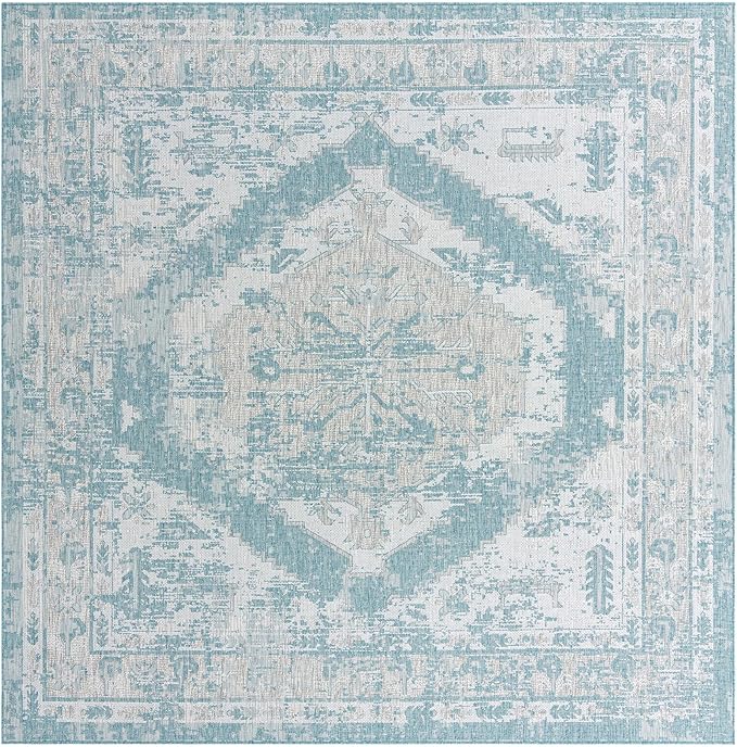 Unique Loom Outdoor Traditional Collection Area Rug - Valeria (13' Square Aqua/Ivory)