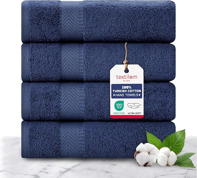 TEXTILOM 100% Turkish Cotton 4 Pcs Hand Towel Set, Luxury Hand Towels for Bathroom, Soft & Absorbent Bathroom Hand Towels Set (16 x 28 inches)- Navy