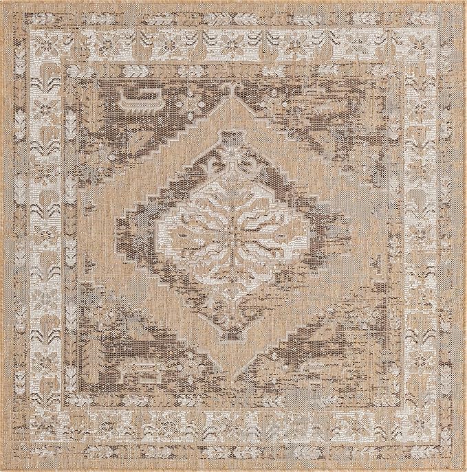 Unique Loom Outdoor Traditional Collection Area Rug - Valeria (5' 3" Square, Natural/ Ivory)