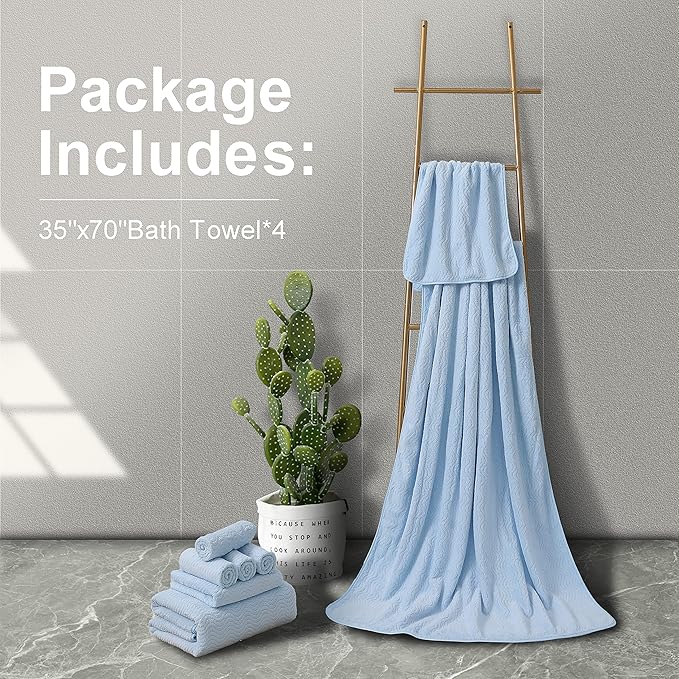 Ultra Soft Bath Towel Set of 4, Blue Extra Large Textured Microfiber Luxury Towels 35x70 in, Quick Dry, Highly Absorbent, Fluffy, Oversized, for Bathroom Shower Pool Hotel Beach