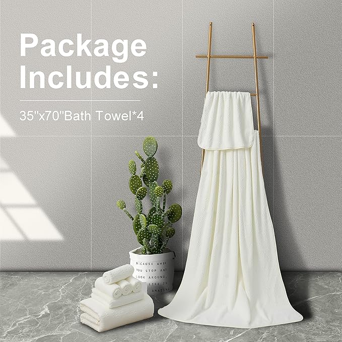 Ultra Soft Bath Towel Set of 4, Beige Extra Large Textured Microfiber Luxury Towels 35x70 in, Quick Dry, Highly Absorbent, Fluffy, Oversized, for Bathroom Shower Pool Hotel Beach