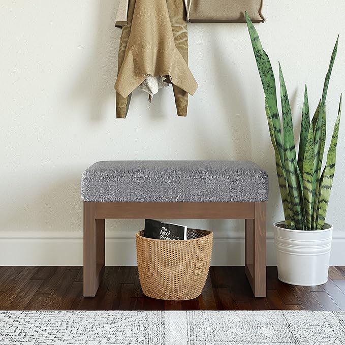 SIMPLIHOME Milltown 27 inch Wide Contemporary Rectangle Footstool Ottoman Bench in Pebble Grey Tweed Look Fabric, Assembled, for the Living Room and Bedroom