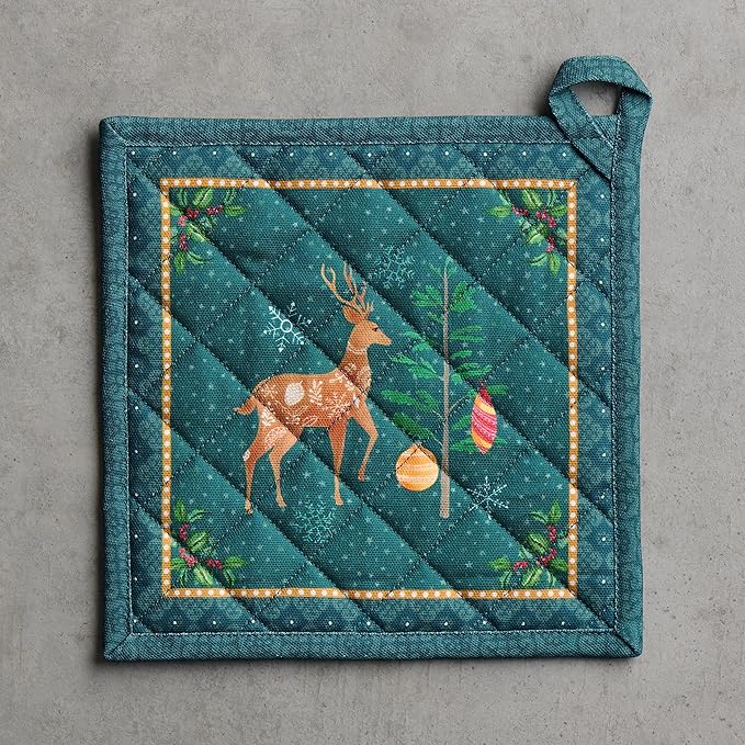 Maison d' Hermine Pot Holders 100% Cotton Heat Resistant Potholders 8" x 8" Hot Pads with Loop for Thanksgiving Christmas Decorations BBQ Cooking Baking Handling Hot Pans (Pack of 1, Hygge Christmas)