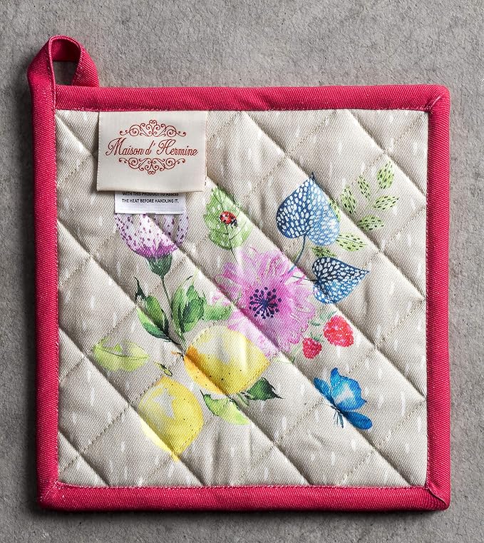 Maison d' Hermine Pot Holders 100% Cotton Heat Resistant Potholders 8" x 8" Hot Pads with Loop BBQ, Cooking, Baking, Grilling, Kitchen, Handling Hot Pans Spring/Summer (Pack of 1, Jardin D'Ete - Fog)