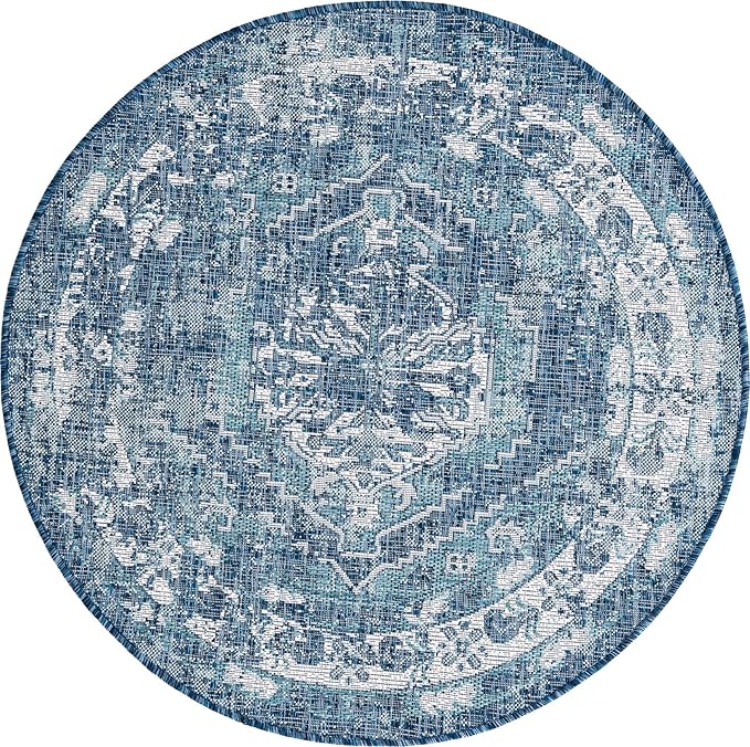 Unique Loom Outdoor Traditional Collection Area Rug - Valeria (4' 1" Round, Blue/ Ivory)