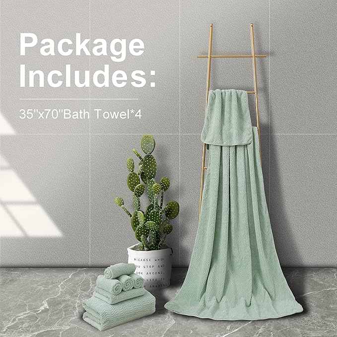Ultra Soft Bath Towel Set of 4, Green Extra Large Textured Microfiber Luxury Towels 35x70 in, Quick Dry, Highly Absorbent, Fluffy, Oversized, for Bathroom Shower Pool Hotel Beach