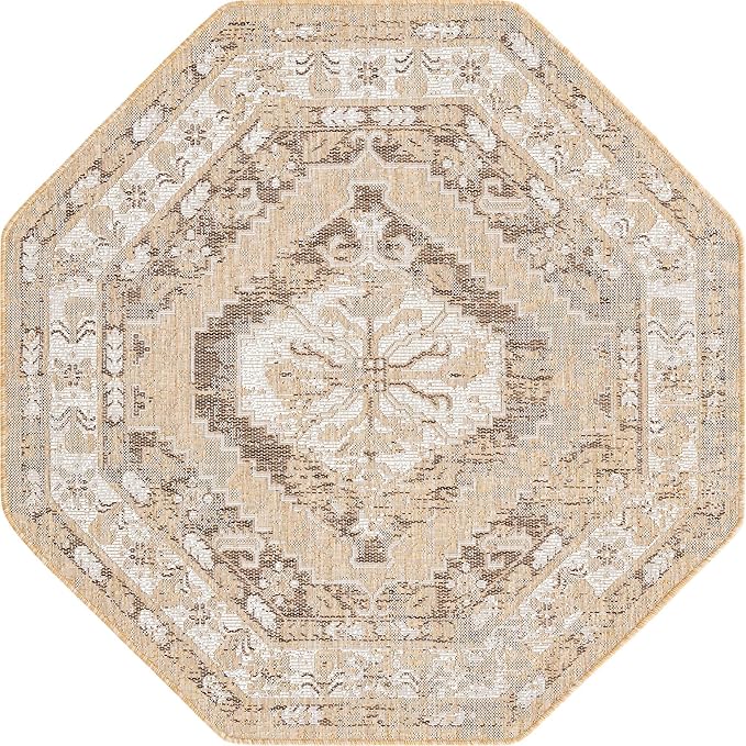 Unique Loom Outdoor Traditional Collection Area Rug - Valeria (5' 3" Octagon, Natural/ Ivory)