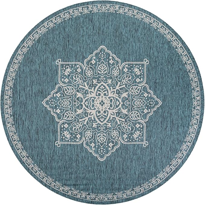 Unique Loom Outdoor Traditional Collection Area Rug - Antique (10' Round Teal/Ivory)