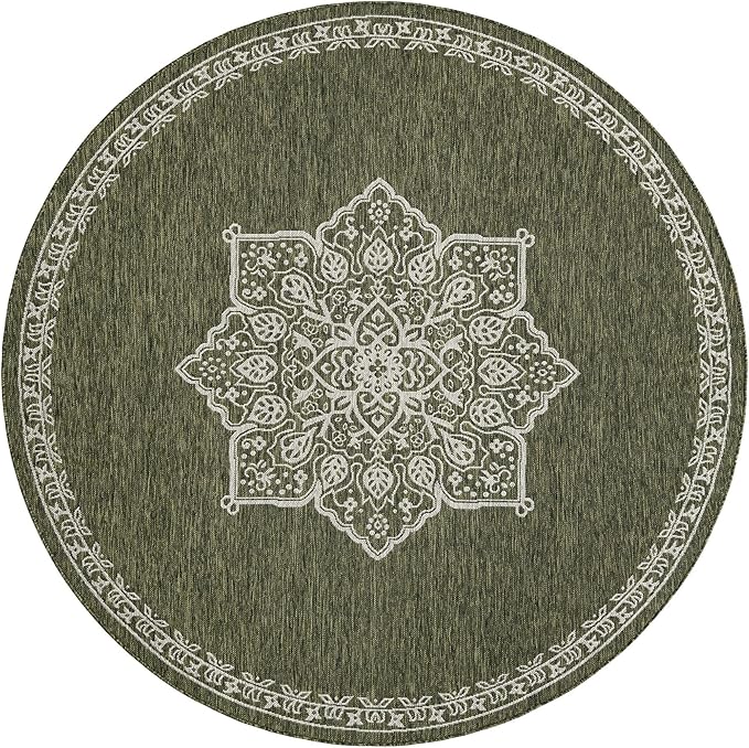 Unique Loom Outdoor Traditional Collection Area Rug - Antique (7' 10" Round Green/Ivory)