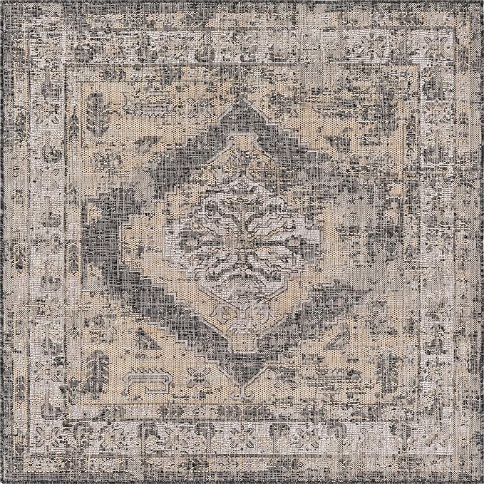Unique Loom Outdoor Traditional Collection Area Rug - Valeria (5' 3" Square, Charcoal/ Natural)