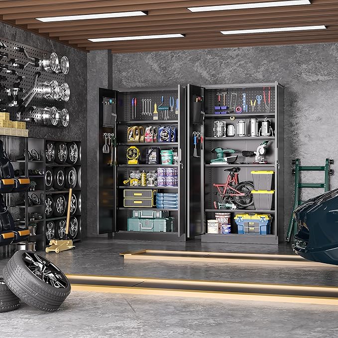 Greenvelly Metal Garage Storage Cabinet with Pegboard, 72" Locking Storage Cabinet with Doors and 4 Adjustable Shelves for Home Office,Garage,Kitchen,School,File (Black)