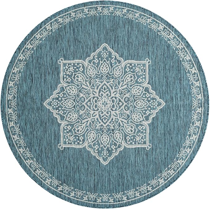 Unique Loom Outdoor Traditional Collection Area Rug - Antique (6' 1" Round Teal/Ivory)