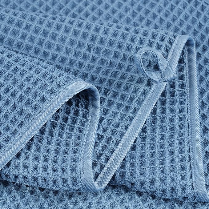 POLYTE Microfiber Quick Dry Lint Free Bath Sheet, 70 x 35 in, Set of 2 (Blue, Waffle Weave)