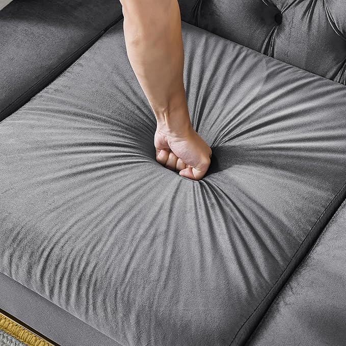 KEIKI 81" Luxury Oversized Velvet Chesterfield Sofa with Gold Stainless Decoration, Mid-Century Style 3-Seater Couch with Tufted Back and Rolled Arms, Easy Assembly, for Apartment, Living Room, Grey