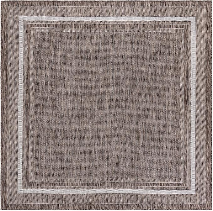 Unique Loom Outdoor Border Collection Area Rug - Soft Border (7' 10" Square Brown/Ivory)