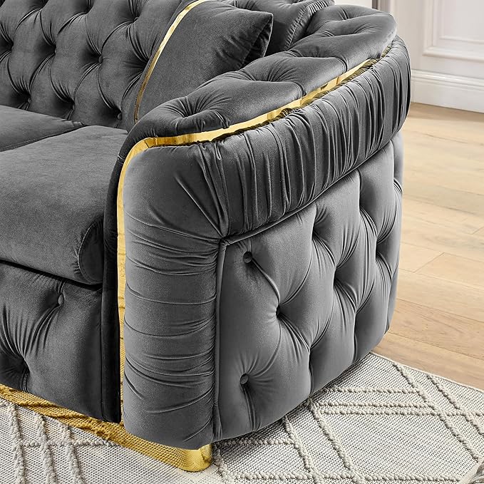 KEIKI 91" Luxury Oversized Velvet Chesterfield Sofa with Gold Stainless Steel Accents and 2 Pillows, Mid-Century Style 3-Seater Button Tufted Couch, Easy Assembly, for Apartment, Living Room, Gray